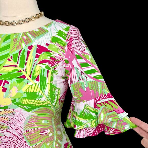 Pappagallo Tropical Double Flutter Sleeve Shift Dress Pink/Green Palm Leaf Small - Picture 8 of 14
